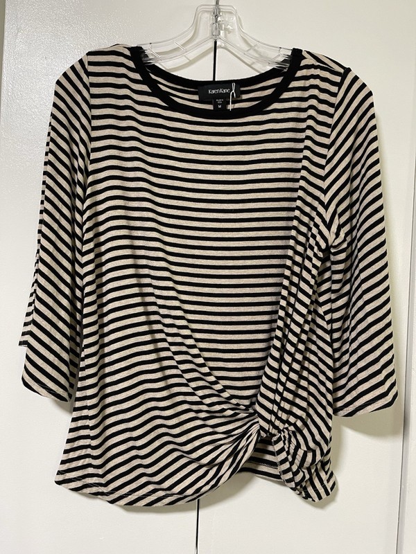 Karen Kane Women’s M Black/Beige Striped Knit Round Neck 3/4 Bell Twist Top