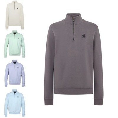 Belstaff Herren Designer Half Zip Baumwolle Fleece Kragen Sweatshirt Overhead Patch