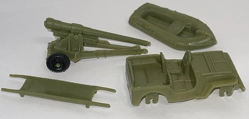 Vintage Marx WWII Military Playsets Olive Green JeepHowitzer,Life Raft,Stretcher