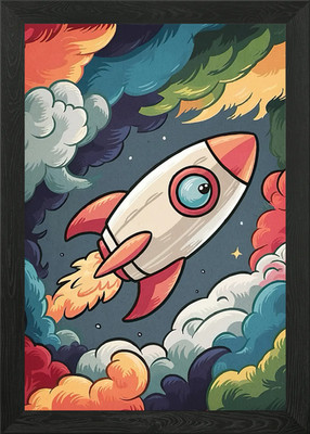 Cartoon Raketenschiff Wolken gerahmtes Wandbild Poster Leinwanddruck Bild
