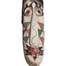 Wooden Mask Hand Carved Primitive Indonesian Solid Wood Hand Painted 38"x6  Vtg