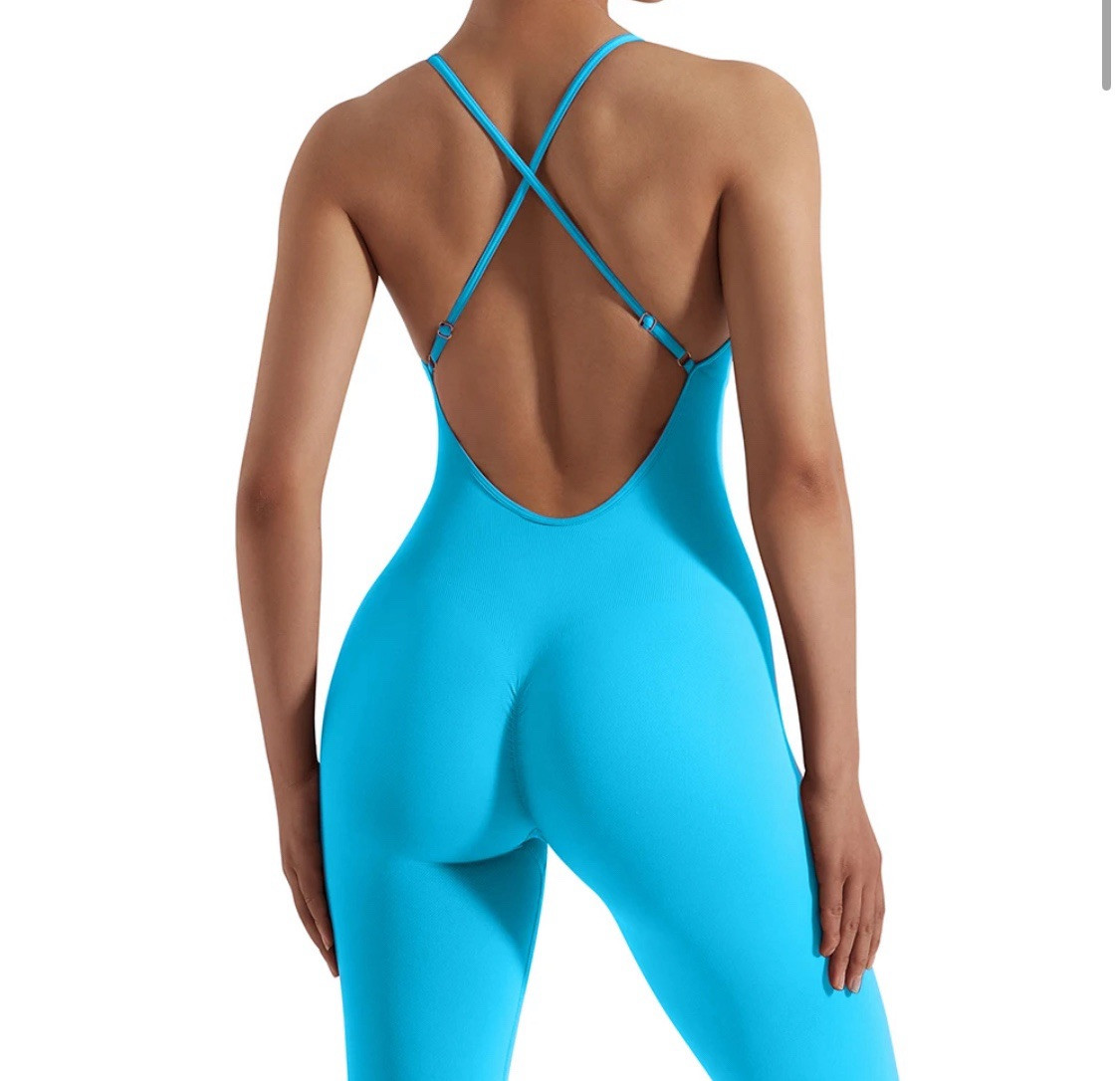 jumpsuit size Medium women yoga one piece gym romper scrunch bum blue new-image