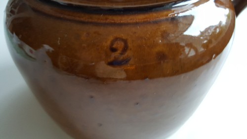 Vtg. Stoneware 2 Qt. ~ 1 Handle Bean Pot, Brown-Glazed Yelloware Crock Jug w/Lid - Afbeelding 11 van 12