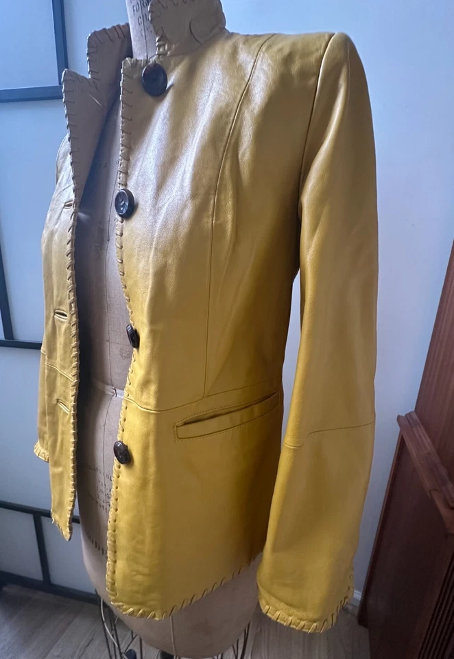 Chaqueta de Cuero Genuino Terry Lewis Vintage Años 90 Amarillo Limón Botón Chaqueta Foto 2 de 4