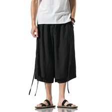Summer Men's Cotton Linen Drawstring Cropped trousers Japanese Harem Pants New