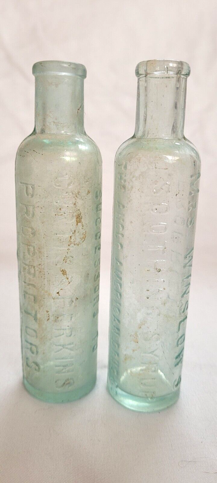 2 Mrs Winslow's Soothing Syrup Glass Aqua Bottle Curtis & Perkins