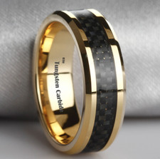 New 18k Gold Tone Mens Tungsten Wedding Band Ring with Black Carbon 