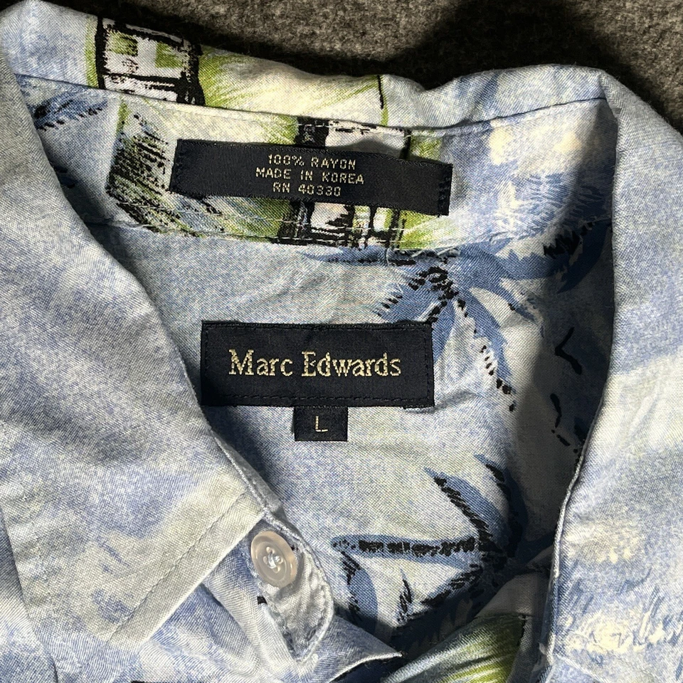 Marc Edwards Men's Hawaiian Button Shirt Size Large Beach Hut Palm Tree Surfer L - Image 3 of 4