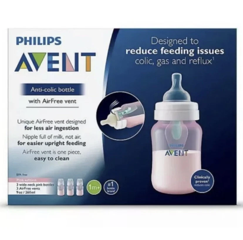 New Pink Philips Avent Anti-colic Bottle With AirFree vent - 9oz/3pk - NWT D