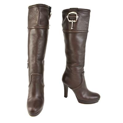 GUCCI: Brown, Leather & Silver Logo ''Horsebit'' Tall Platform Boots Sz: 6.5B