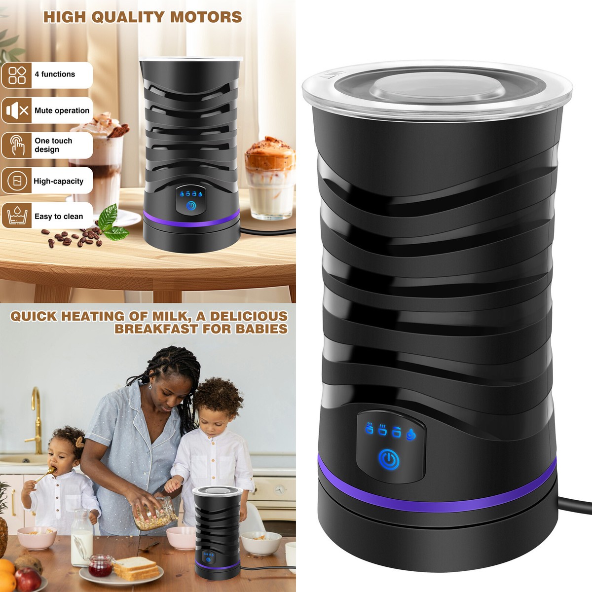 4-IN-1 Electric Milk Frother, Automatic Milk Steamer, Hot Cold