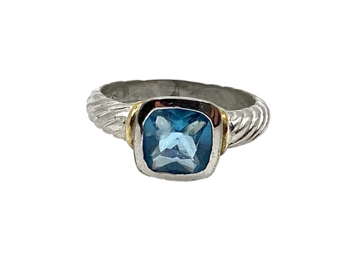 Vintage S925 Sterling Silver London Blue Topaz Gemstone Ring Sz 8.5 Gold Accents