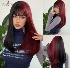 Perruque Synthétique Noir Rouge Wig Bicolore Longue Lisses Raides A Frange 55cm