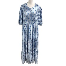 Oliphant Embroidered Floral Puff Sleeve Maxi Dress Pockets Capri Blue size XL