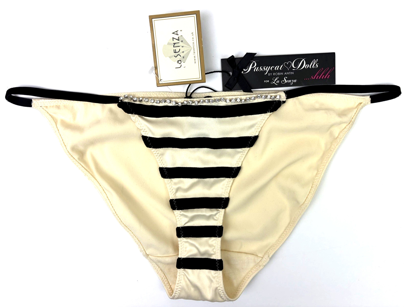 Vintage La Senza Satin & Velvet Knickers with 'Diamantes' UK 8 Cream BNWT