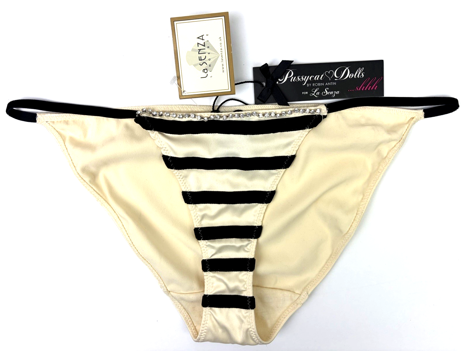 Vintage La Senza Satin & Velvet Knickers with 'Diamantes' UK 8 Cream BNWT