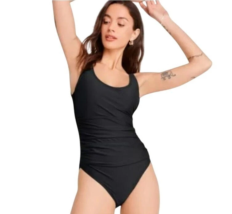DKNY Swimsuit Mesh Side Shirred One Piece Scooped Neckline Black Size 16 Beach - Image 3 of 4