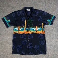 VTG Paradise Style Hawaii Button Camp Shirt Mens S Navy Surf Wear Tropical Waves