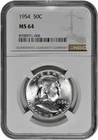 1954 50C Silver Franklin Half Dollar NGC MS 64 White Coin with New Holder