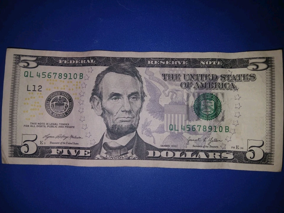 2021 $5 Bill Serial #QL 45678910 B Fancy Serial Number - Image 2 of 4