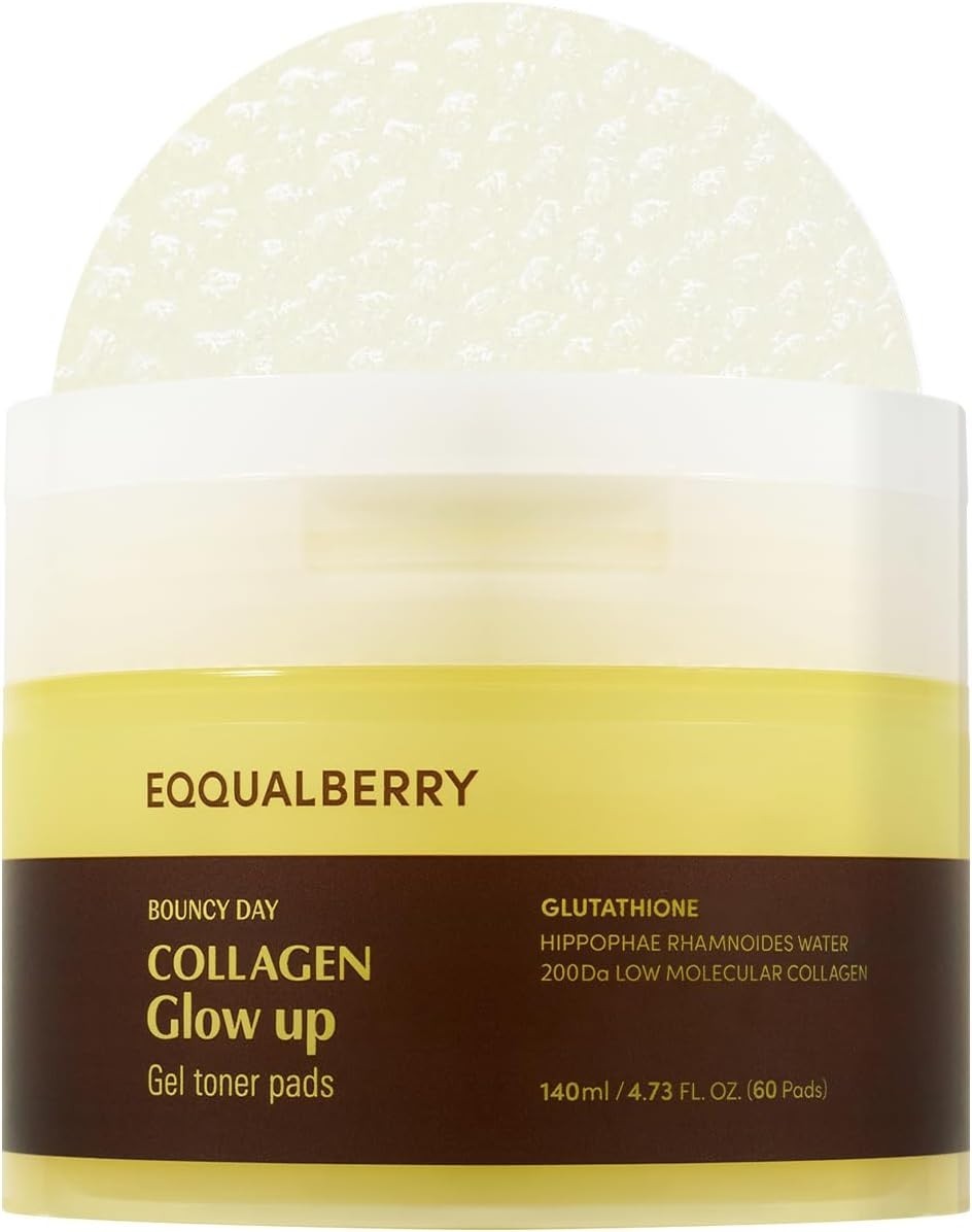 EQQUALBERRY Collagen Glow Up Gel Toner Pads Korean K Beauty Skincare 60 Count