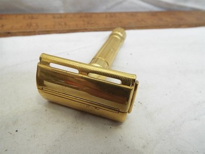 Vintage Gillette Gold Tone Aristocrat Safety Razor with Case Blade