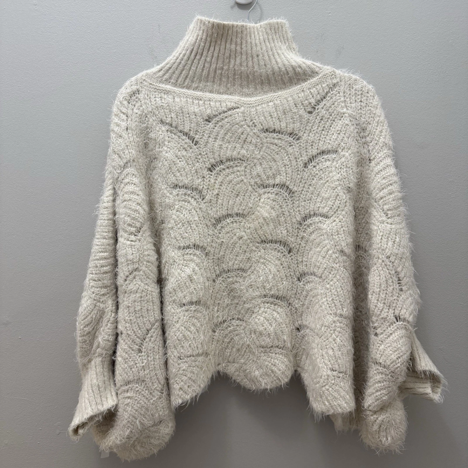 Anthropologie 'Rue' Ivory Creme Scalloped Turtleneck Sweater Poncho One Size