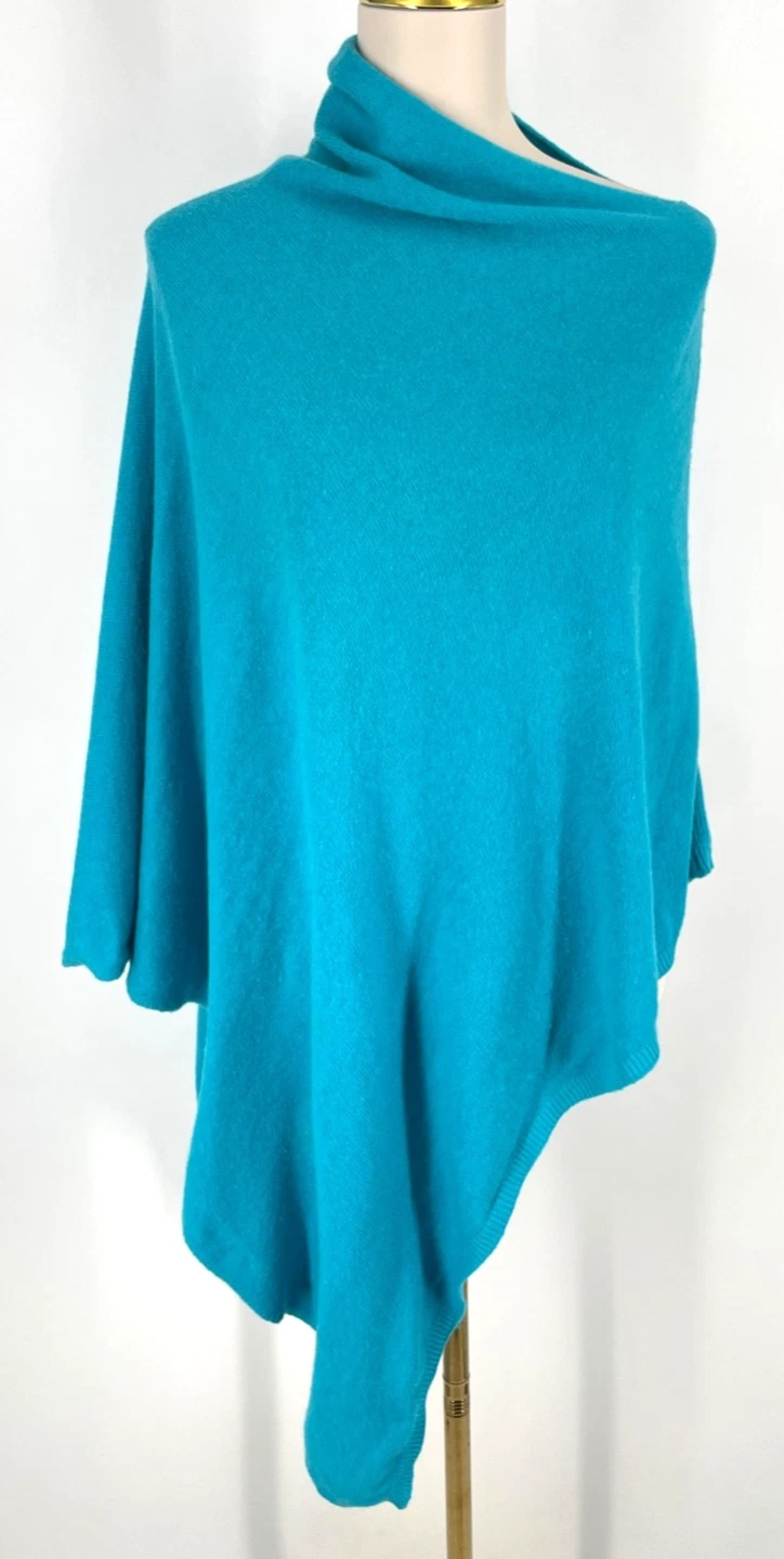 100% Cashmere women's M Handmade Poncho dress topper pullover Turquoise