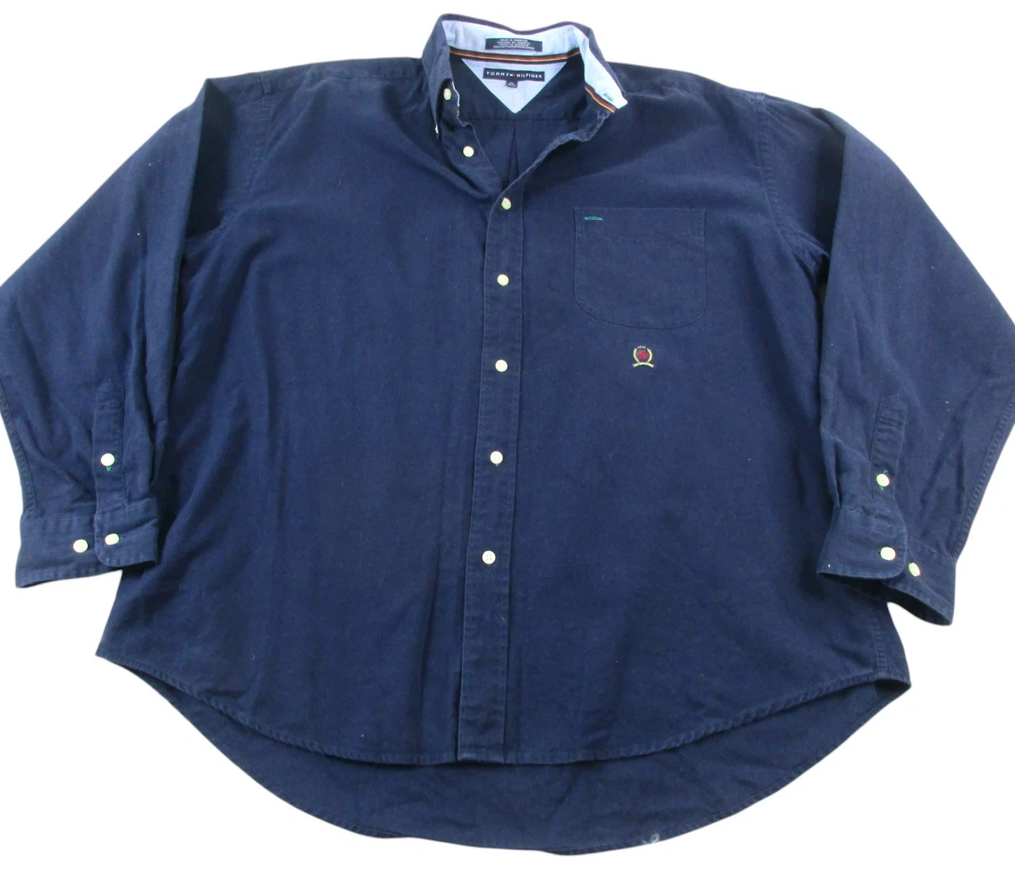 Tommy Hilfiger Flannel Shirt Mens XL Navy Cotton Long Sleeve Collar Button Down
