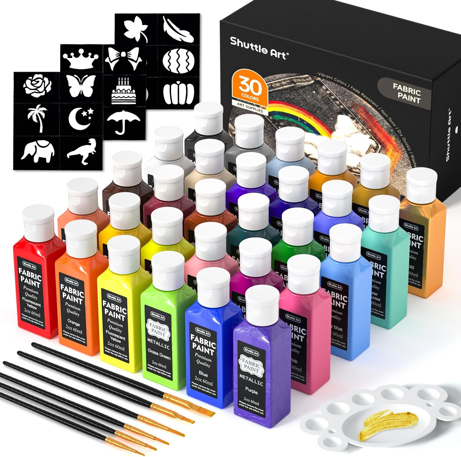 Fabric Paint Permanent for Clothes, 30 Colours Fabric Paints in Bottles (60Ml/2O