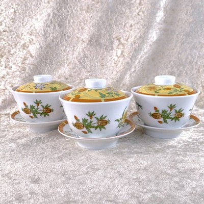 Hermes Teetasse Untertasse La Siesta mit Deckel Deckel gelb Porzellan Geschirr 3 Sets