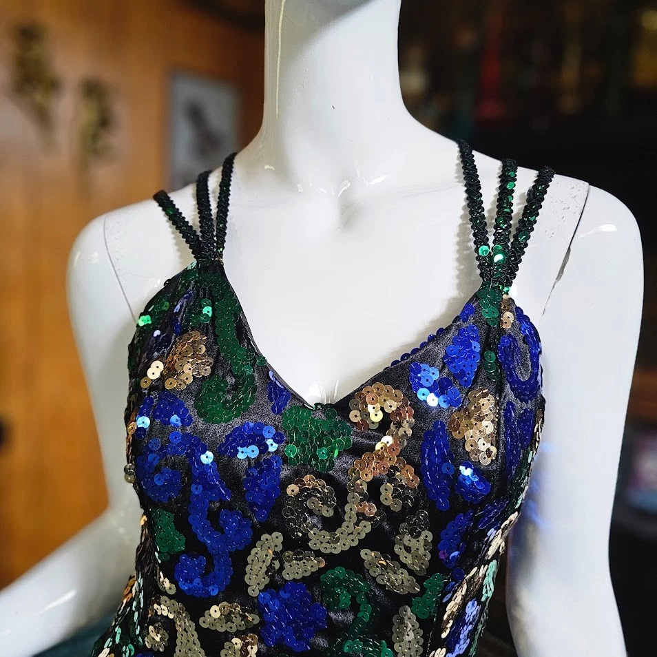 Vtg 80s Mardi Gras Sequin Strappy Cocktail Wiggle Mini Drag Ball Party Dress S/M - Image 3 of 4