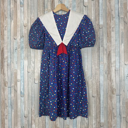 Vintage 7 80s Blue Polka Dot Print Cotton Dress Puff Sleeve Collar Bow Madeline - Picture 2 of 7