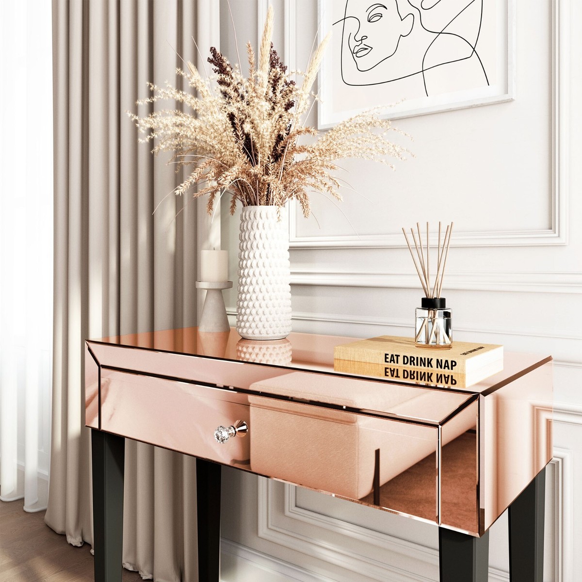 Rose Gold Mirrored Dressing Table 1 Drawer Dresser Desk Vanity Mirrored  Finish | eBay