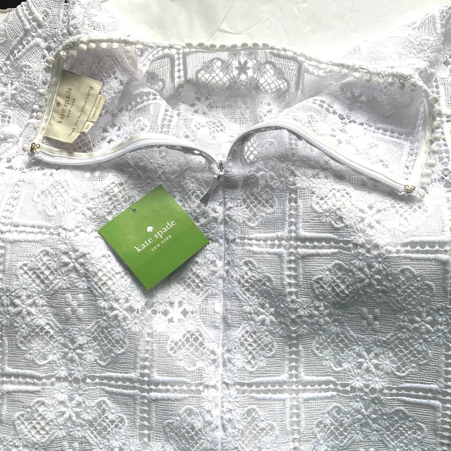 Kate Spade mini abito tubino pizzo 00 bianco orlo increspato foderato floreale boho