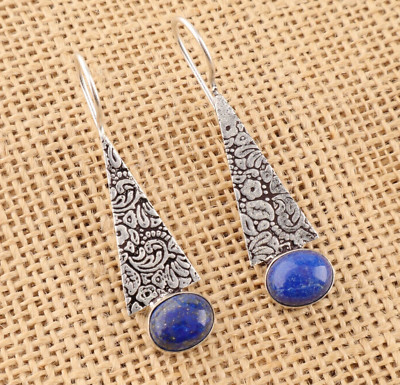 Natural Lapis Lazuli Gemstone 925 Sterling Silver Handmade Dangle Earrings BX