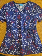 HQ Scrub Top Small  EUC  Blue Multicolored Hearts