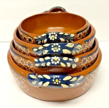 Mexican Terracotta Redware Clay Blue Nesting Serving Bowls 4 Pcs (See Below)