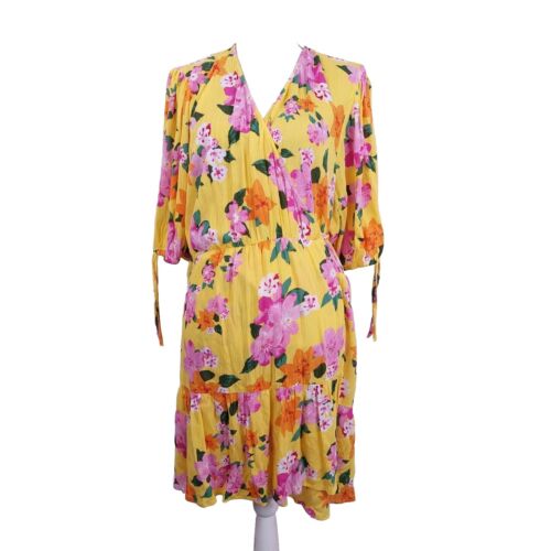Figleaves Panama Tiered Beach Mini Dress Size UK 24 Yellow Floral Wrap Summer - Picture 1 of 19