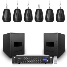 Sound Town 6-Zone 70V/100V Amp 6 Pendant Speakers 2 Dual 8" Subs (P18X6P4B2S28)