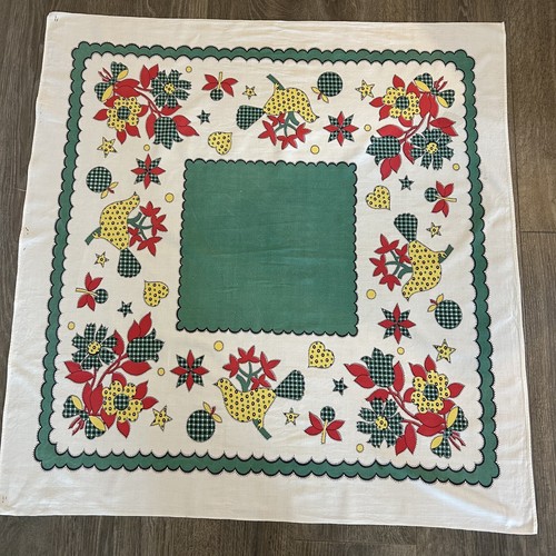 Vintage MCM Cotton Print Tablecloth Calico Print Flowers Fruit Birds 45" x 45" - Picture 4 of 15