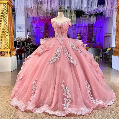 Cute Pink Sweetheart Beaded Off-the-shoulder Sweet 16 Quinceanera A-Line Prom Dress Birthday Dress Evening Dress Ball Gown DP6523 main image 1