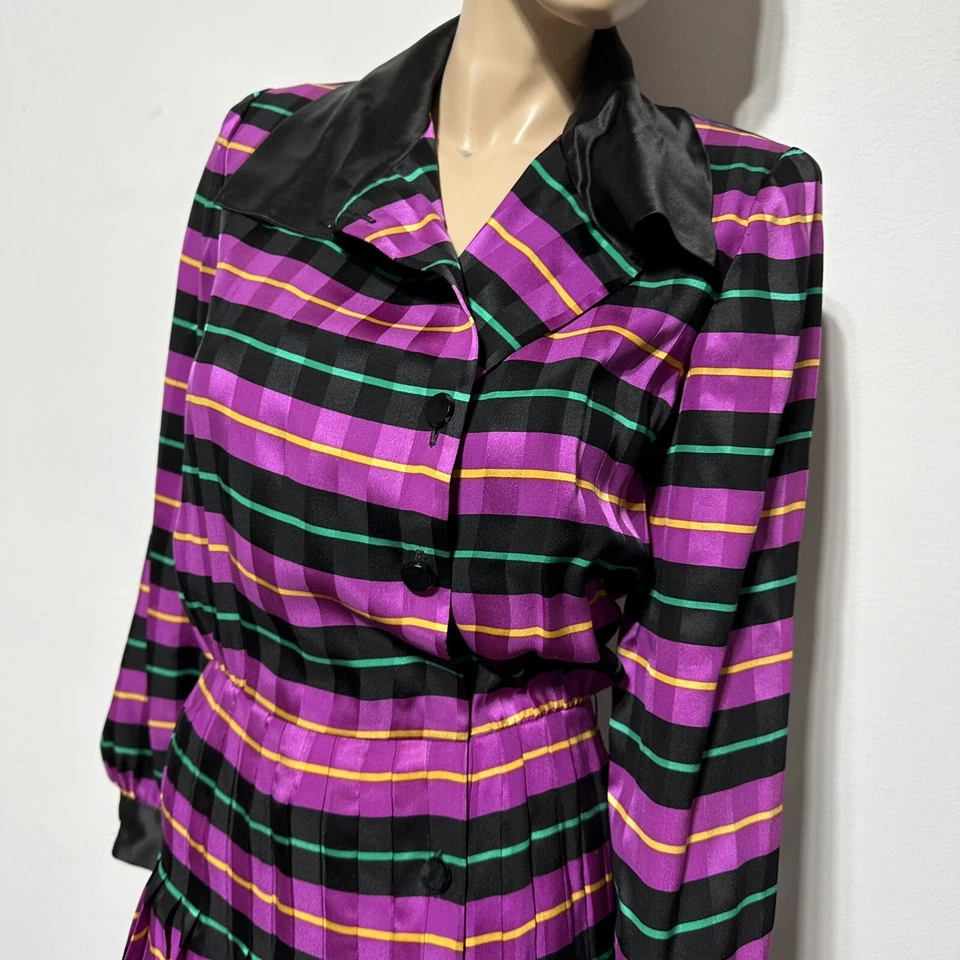 Vestido Camisa Vintage Oscar de la Renta 100% Seda Rayas Botón Plisado Talla 6 Foto 2 de 4