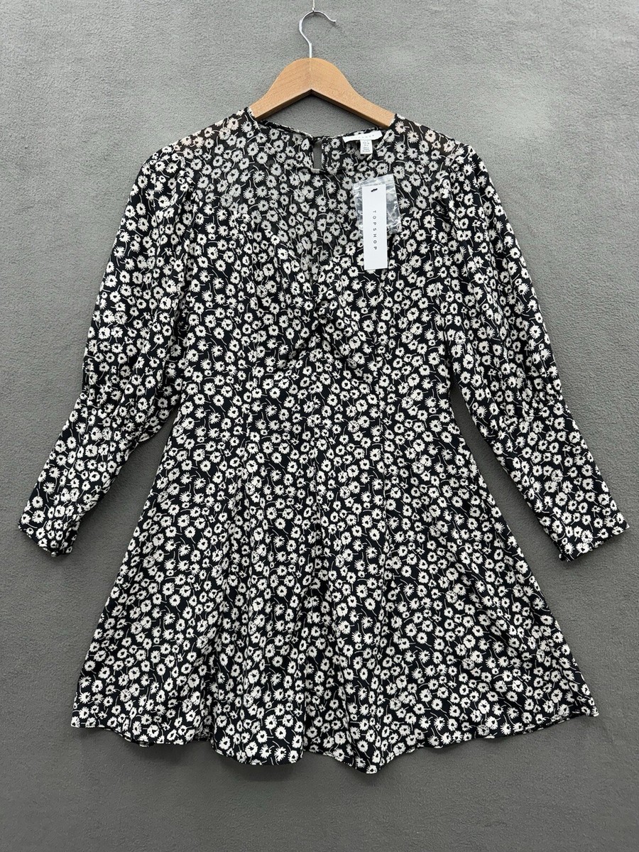 Topshop Womens 6 Mini Dress Black White Floral Print NWT