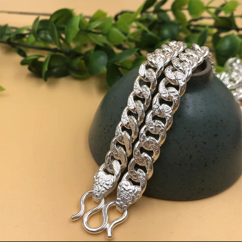Cadena de plata fina pura 999 para hombres y mujeres tallada afortunada sólida collar de eslabones cubanos Foto 4 de 4