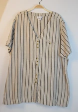 Avenue Vintage Linen Cotton Shirt Beige Striped Blouse Women's Plus Size 30 / 32