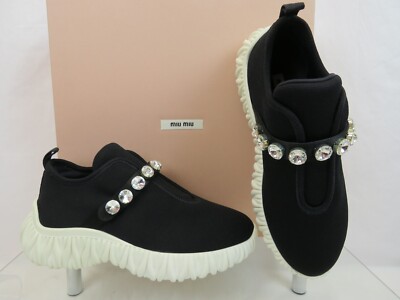 MIU MIU PRADA 5S376D BLACK KNIT CRYSTALS  LOGO ELASTIC SLIP SNEAKERS 39.5 ITALY