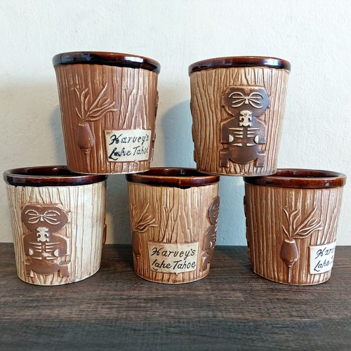 5 Vintage Tiki Bar Mugs Harveys Bucket old Lake Tahoe ceramic OMC