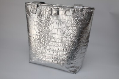 Large Silver Faux Leather Bag Metal Snap Closure Handmade.
