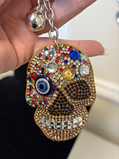 Rhinestone Skull Metal Key Chain Keyring, Gold Tone Multicolor Bling Charm